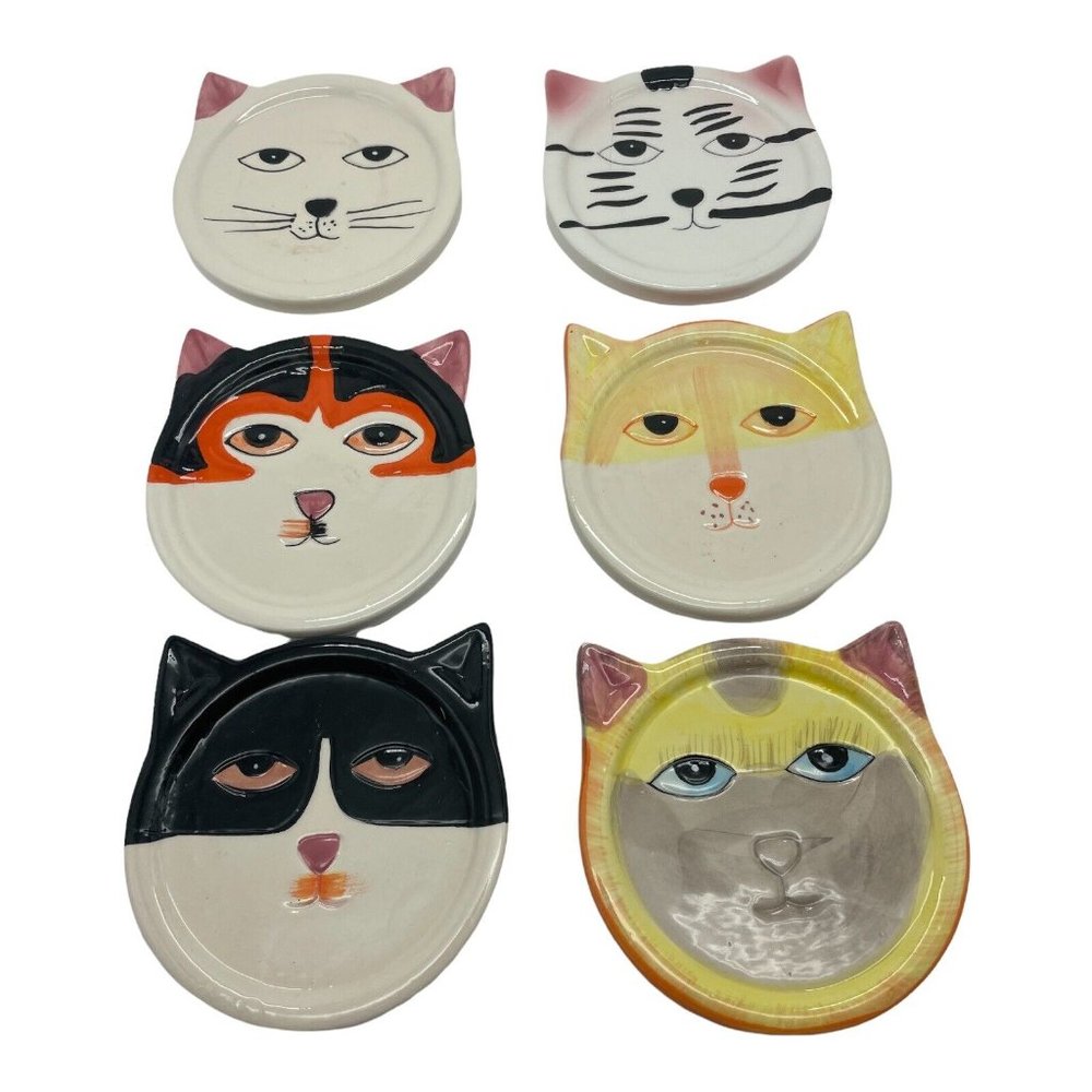 Ceramic Cat Face Coasters By BANDWAGON INC. 2001 Set of 6 Size- 4" VGT Kitty